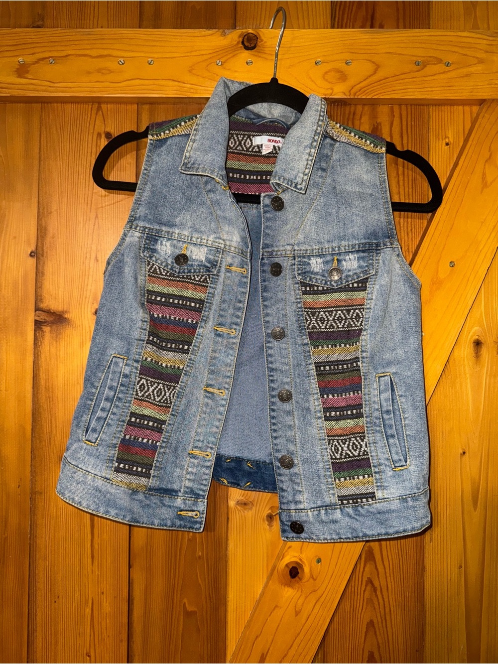 Vintage Y2K  Bongo Embellished Denim Vest with Aztec Paneling - Light Blue